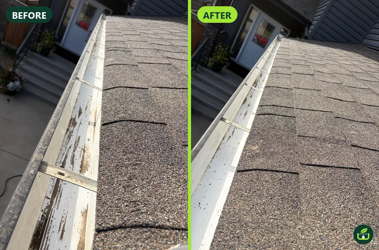 Before and after gutter cleaning: caked-on streaks gutter, then clean and flowing
